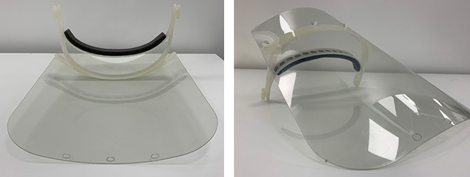 Prototyp des mit Ricoh 3D-Drucktechnologie hergestellten Gesichtsschutzes