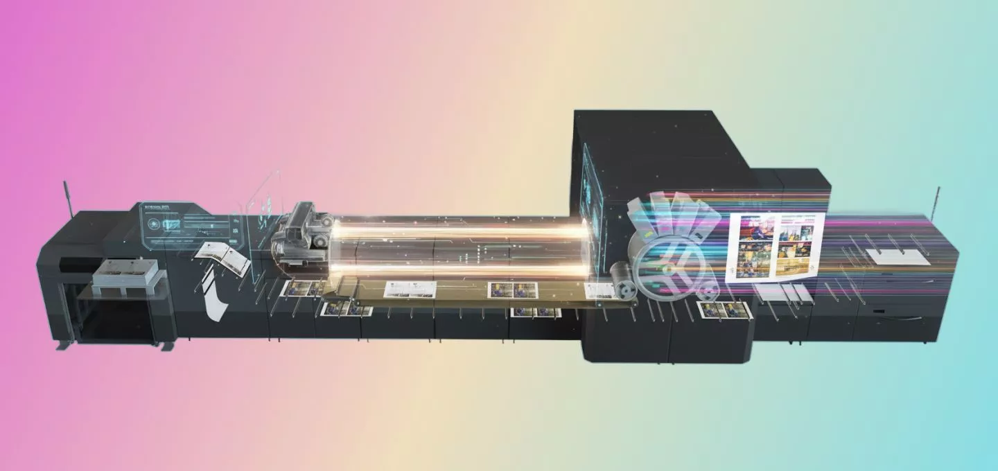  A stylized, digital rendering of a large Ricoh commercial printer. The machine is shown in cross-section, revealing its internal workings with glowing lines and digital panels that illustrate the high-speed printing process. Sheets of paper are seen moving rapidly through the machine, with a printed page displaying a colorful grid of images at the far right. The background is a soft gradient of pink, blue, and yellow.