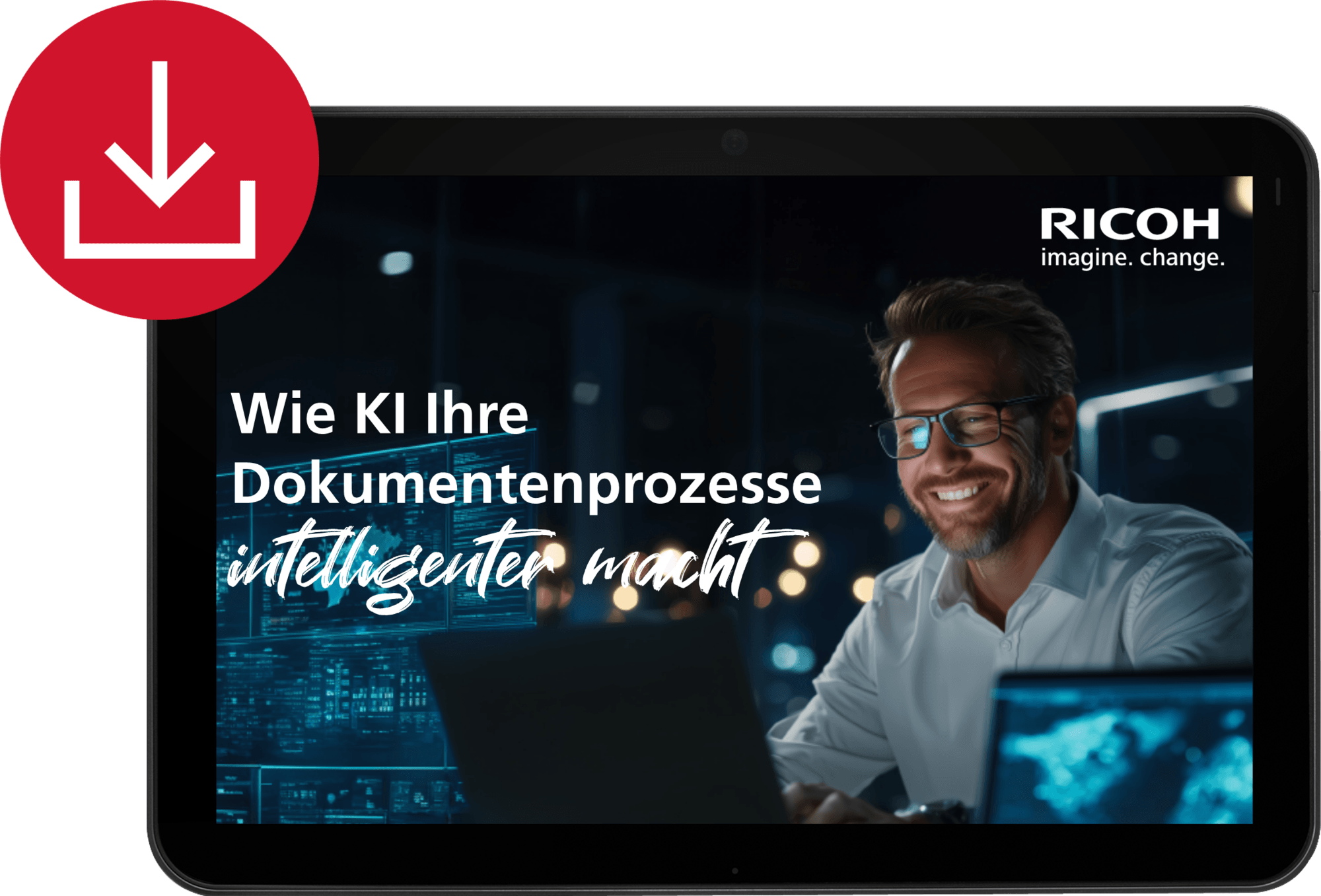 A smiling man in glasses works on a computer in a dimly lit office. Text reads: "Turning documents into actionable intelligence." A download icon is visible.