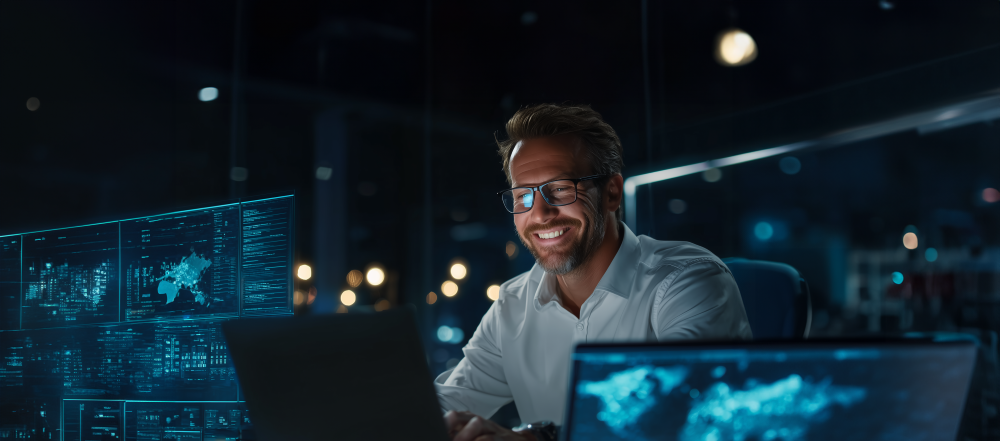 Professional man working late in a modern office, analysing digital data on multiple screens in a high-tech business environment.
