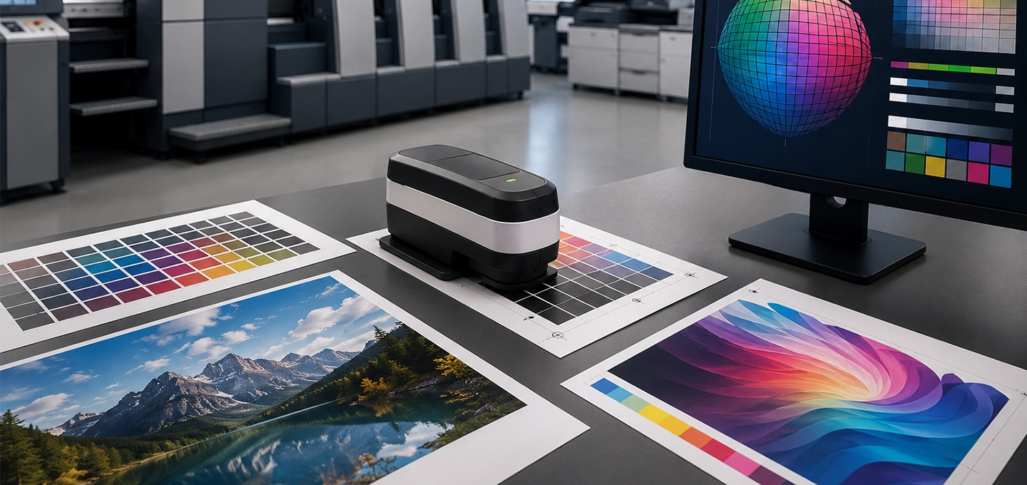 A modern print shop with vibrant color test sheets, a colorimeter, and a computer displaying a color wheel. The atmosphere is precise and professional.